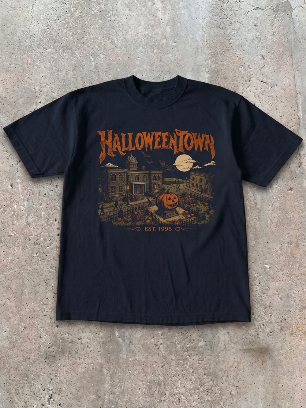 Gildan Black HalloweenTown Graphic Tee with Orange & Gold Print
